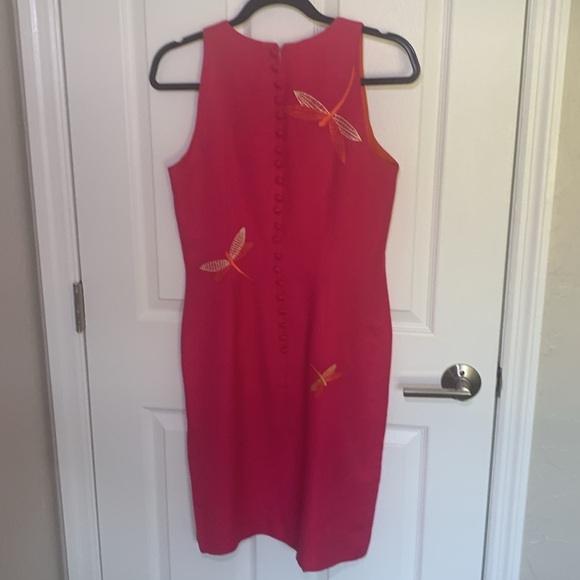 Talbots pink sheath dress with orange dragon fly embroidered print size 8 - Picture 4 of 8